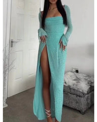 Sexy strapless long-sleeved slit dress