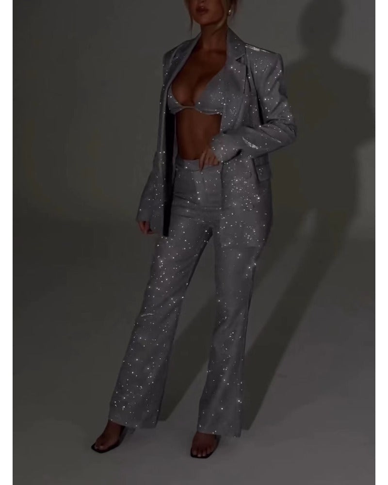 Sexy strapless long-sleeved jacket three-piece sparkly suit