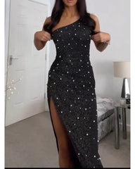 Sexy diagonal shoulder polka dot split dress