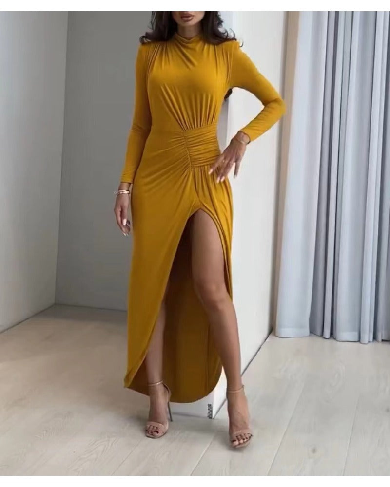 Sexy high-neck, long-sleeved slit dress