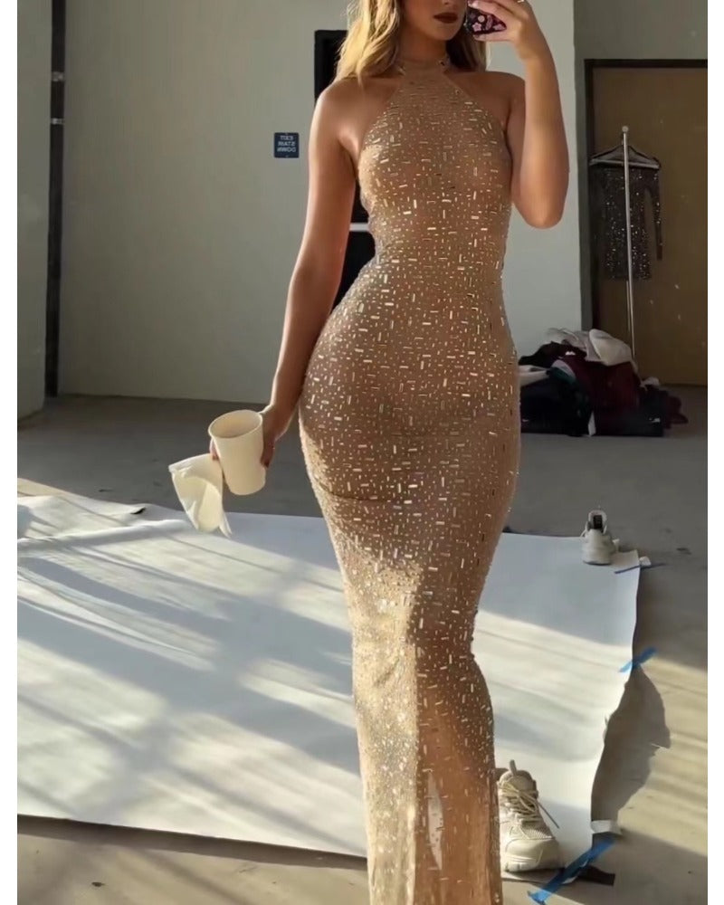 Sexy halter slim sequin long dress
