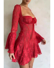 Sexy red lace skirt  with flared sleeves dress