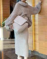 Solid Color Knitted Sequined Sweater & Skirt Two-piece Set