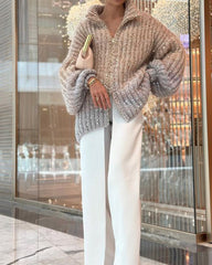 Solid Color Knitted Sequined Sweater Jacket & Suit Pants Two-piece Set