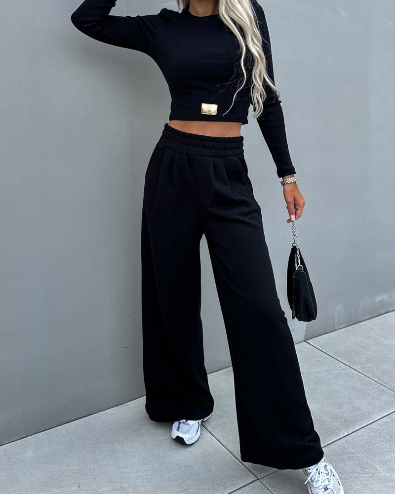 Solid Color Knit Sports Style Casual Two-piece Suit