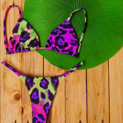 Sexy colorful leopard print halterneck tie split bikini