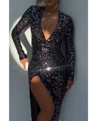 Sexy deep V long sleeve gold sparkly split dress