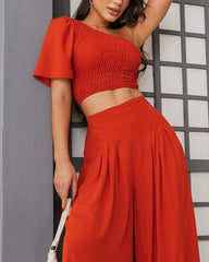 Solid Color One-sleeve Top & Pants Two-piece Set