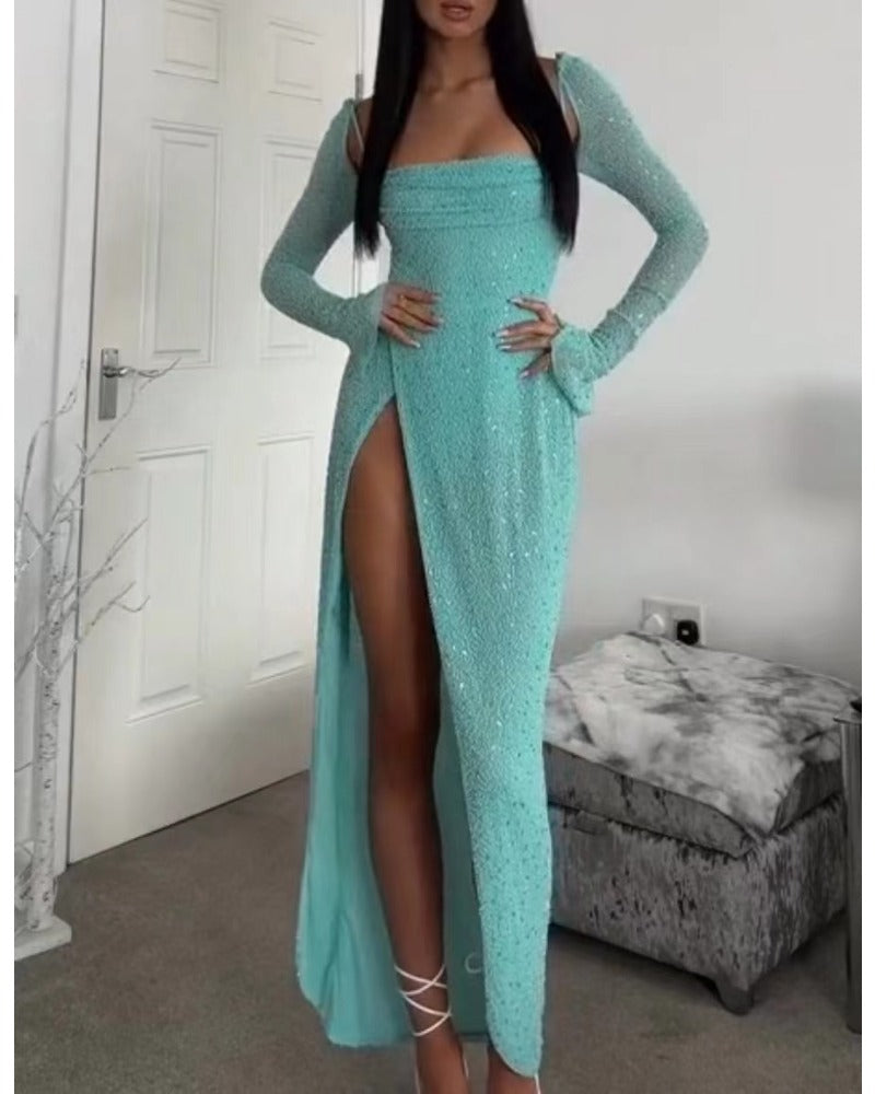 Sexy strapless long-sleeved slit dress