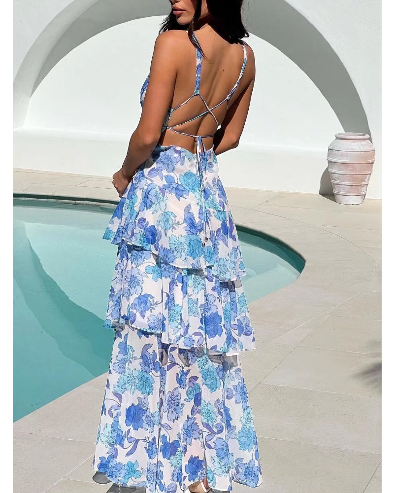 Sexy halter deep V print cake layer dress