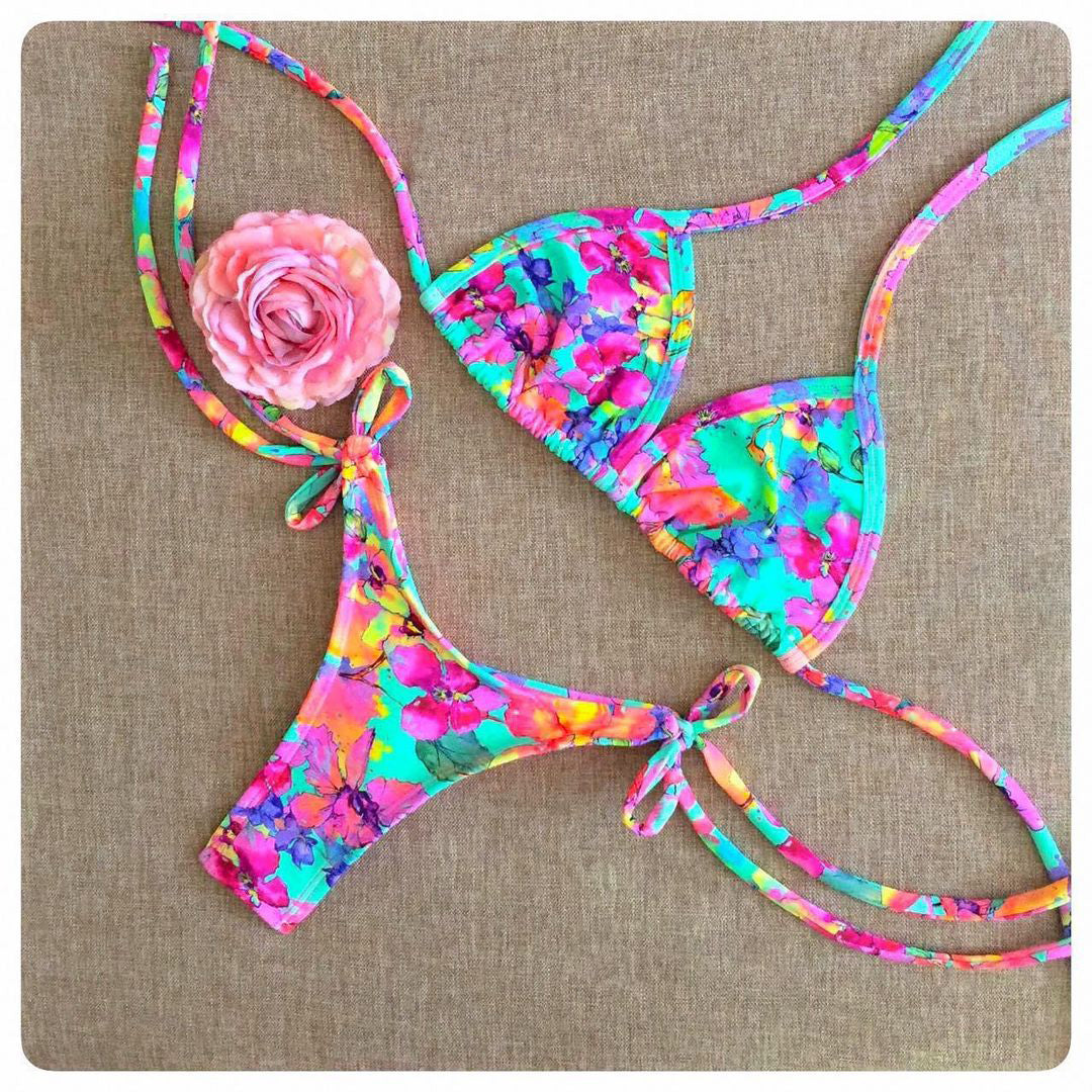 Sexy printed strappy split bikini