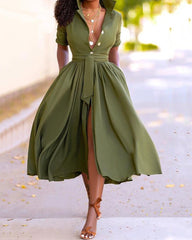 Solid Color Mid-sleeve Big Swing Dress