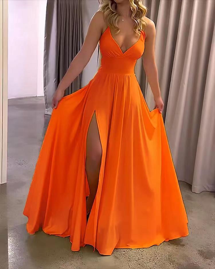 Strap Solid Color Slit Dresses