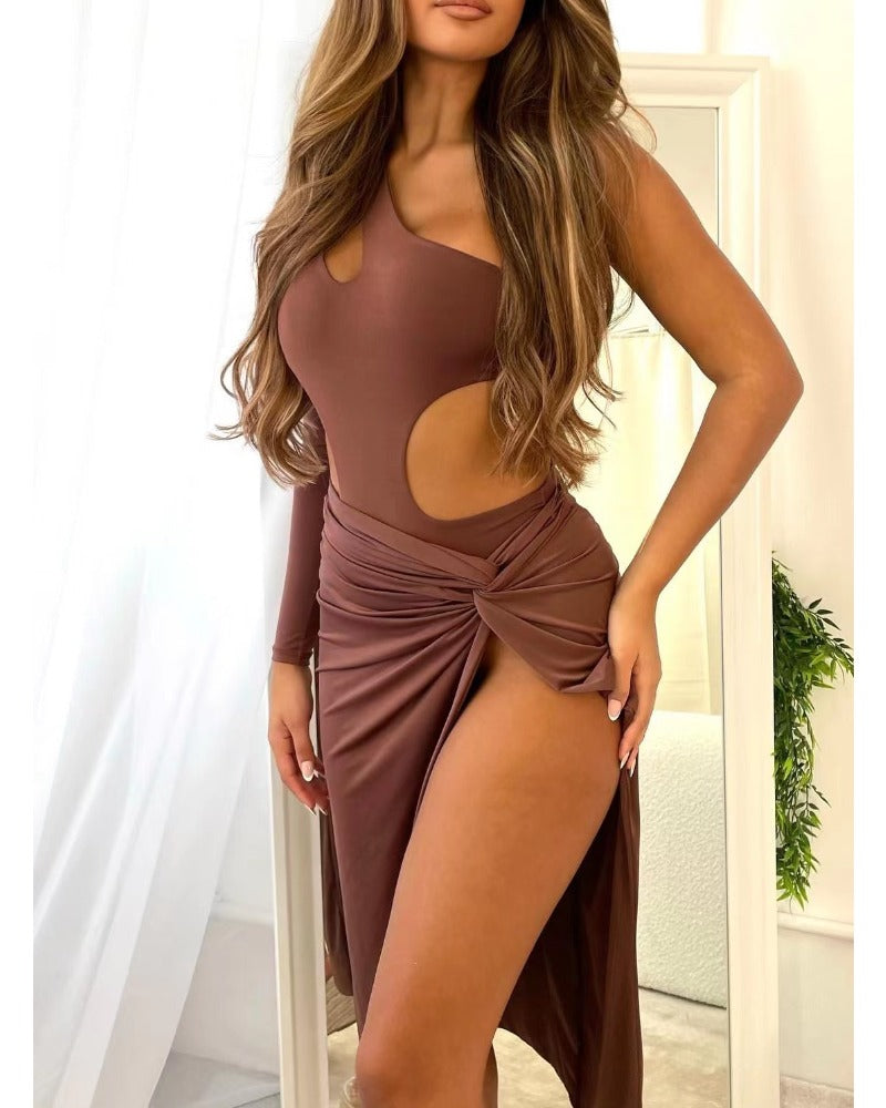 Solid color sexy skew collar wrap hip two-piece skirt