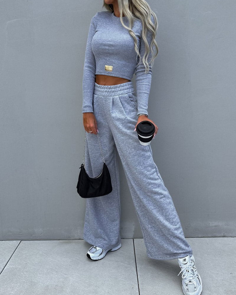 Solid Color Knit Sports Style Casual Two-piece Suit