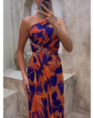 Sexy diagonal shoulder print dress