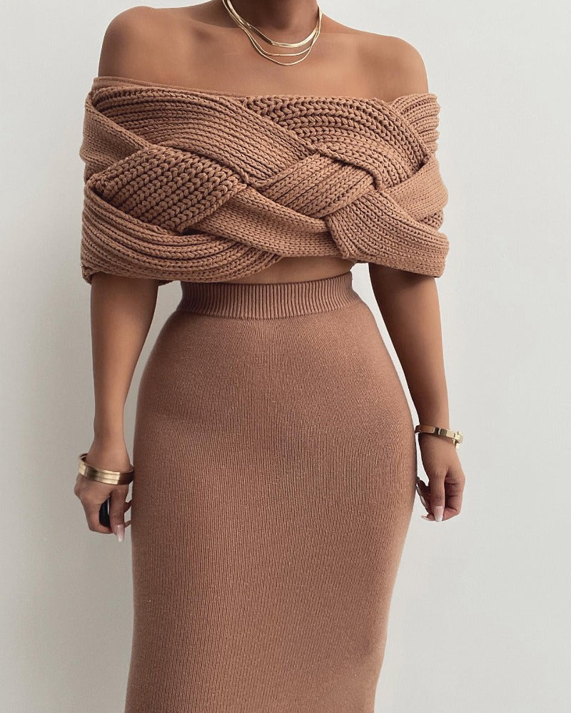 Sexy off-the-shoulder sweater + long skirt suit dress