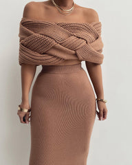 Sexy off-the-shoulder sweater + long skirt suit dress
