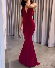 Solid color deep V suspender high slit sexy dress