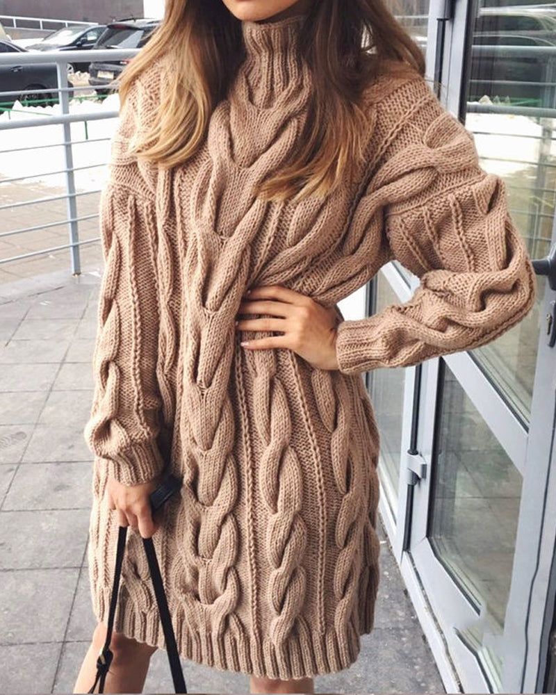 Solid Color Loose Pullover Twist Knit Sweater Dress