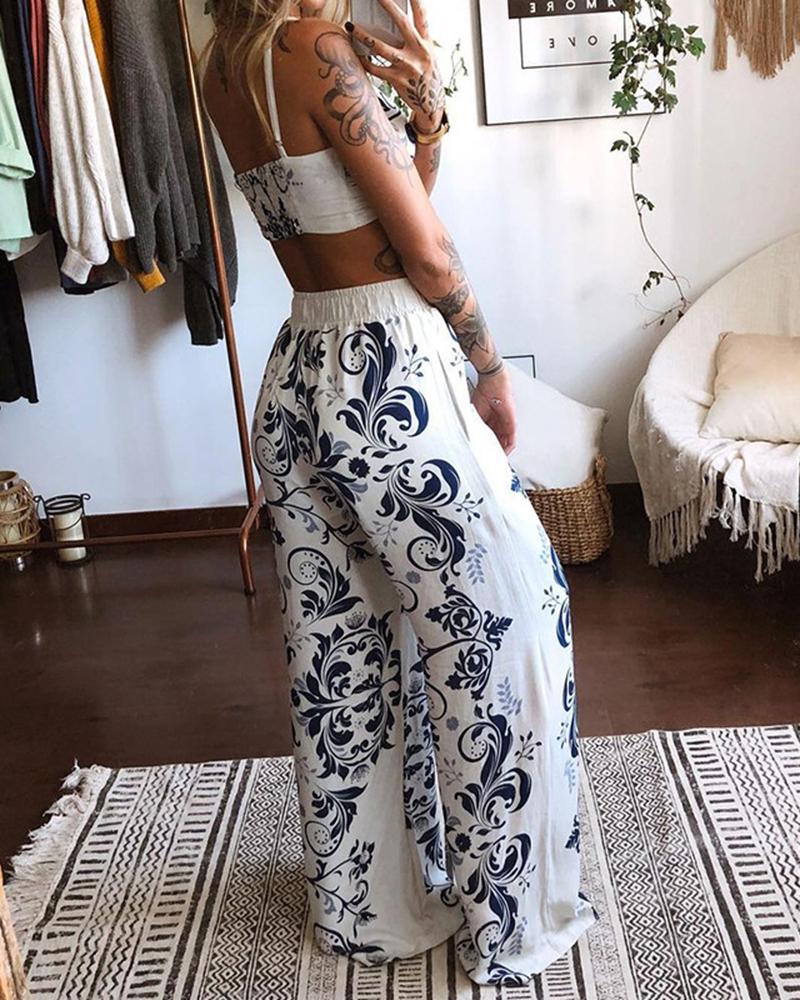 Two-piece Printed Tube Top Wide-leg Pants
