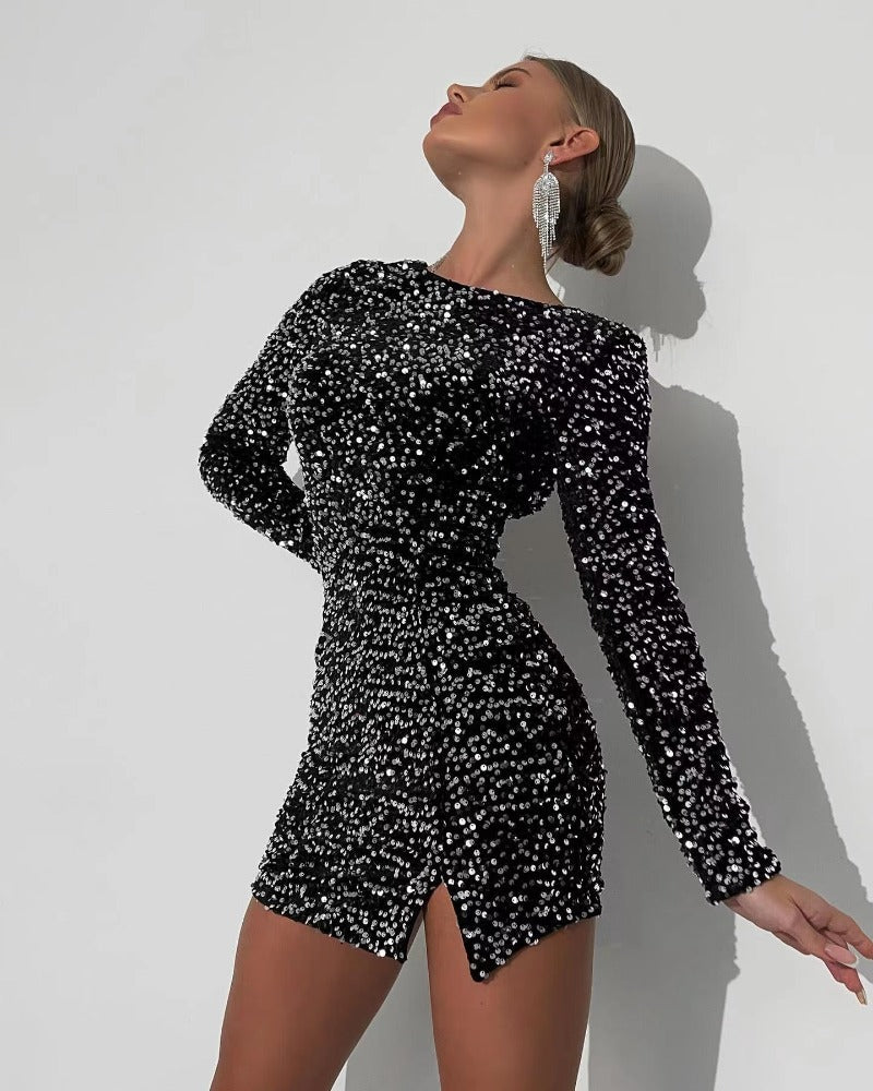 Solid color sexy sequin long-sleeved halter dress