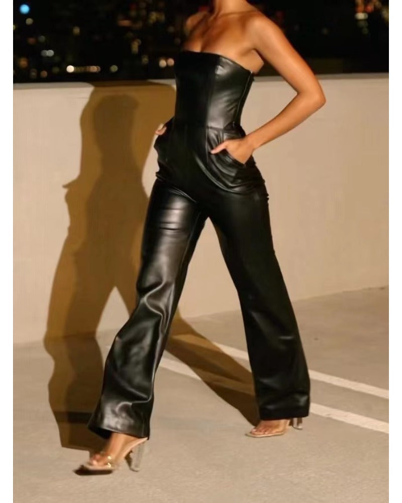 Sexy slim-fit leather jumpsuit with top top