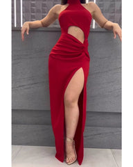 Sexy red dress with high neck and slit