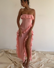 Slit pleated strapless dress