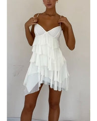 White deep V pleated short skirt