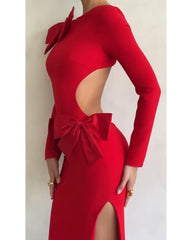 Sexy red bow halter waist dress