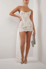 White lace corset draped mini dress