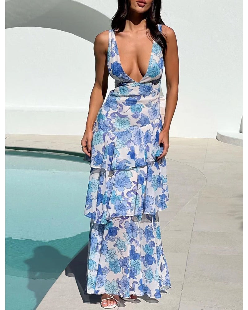 Sexy halter deep V print cake layer dress