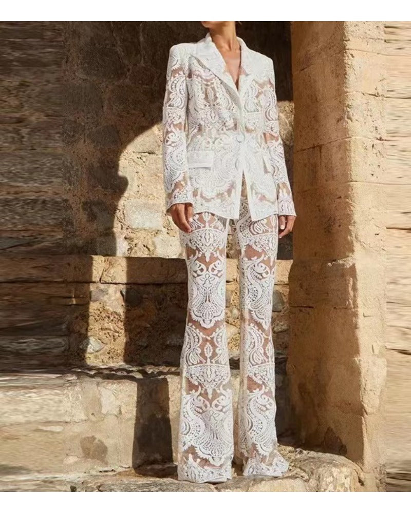 Sexy lace see-through printed casual suit