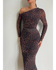 Sexy diagonal shoulder leopard print dress