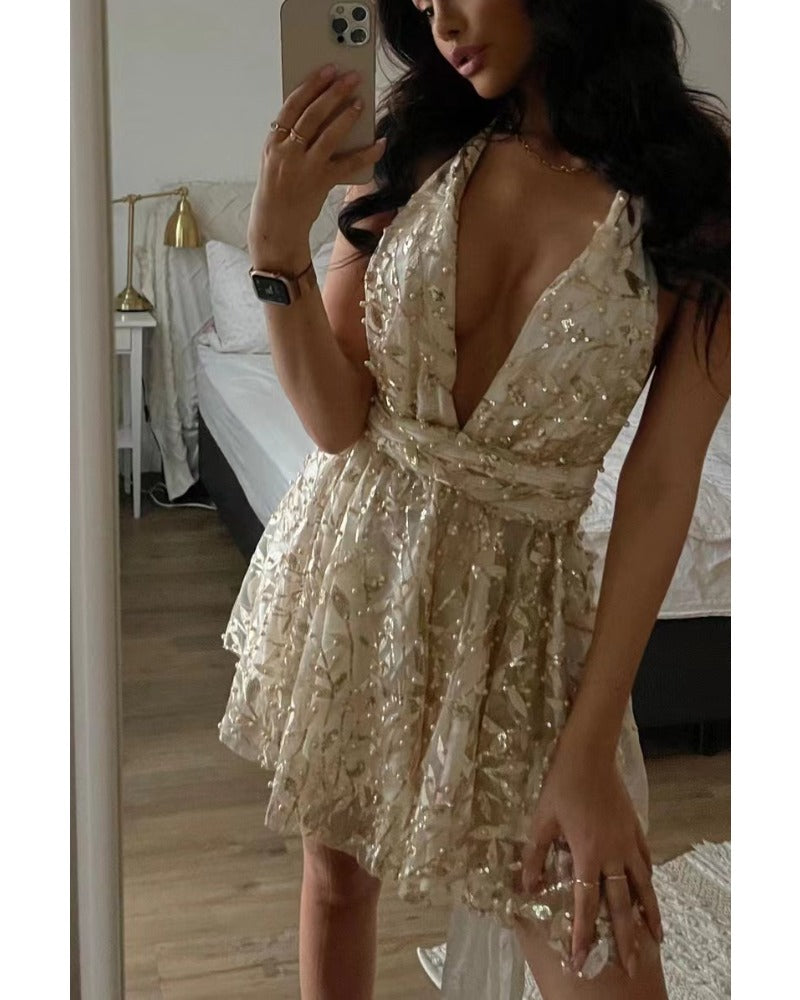 Sexy halter deep V lace dress