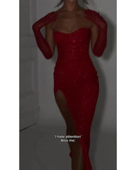 Sexy red strapless  with irregular sleeves dress