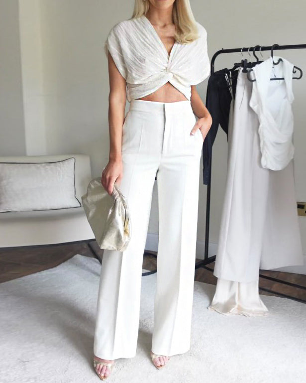 V-neck solid color two-piece suit