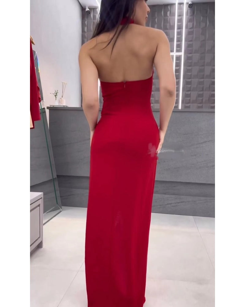 Sexy red dress with high neck and slit