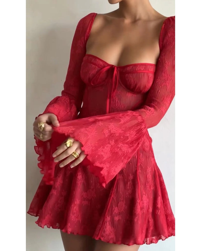 Sexy red lace skirt  with flared sleeves dress