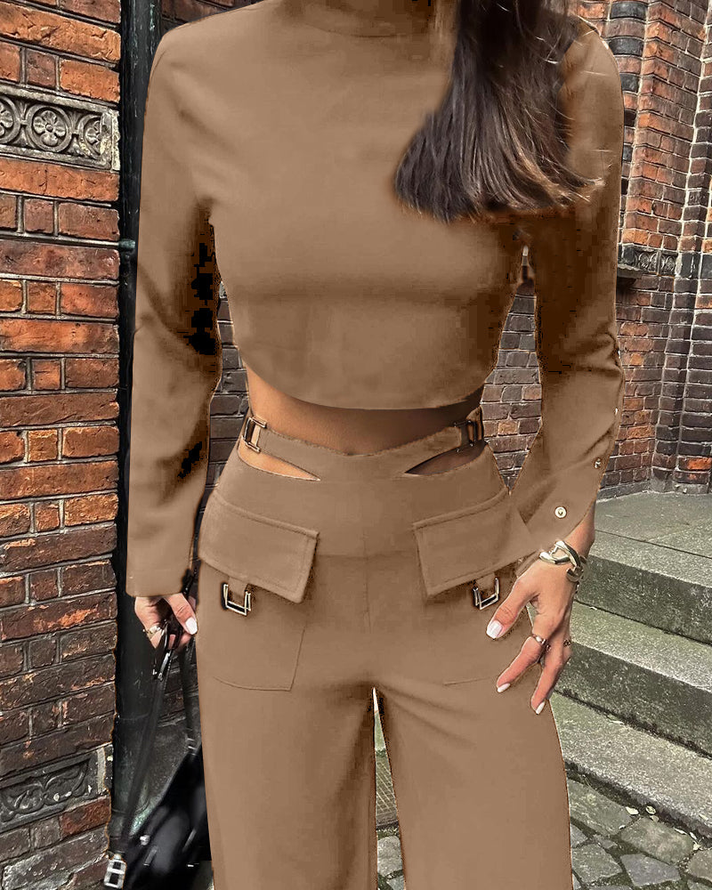 Solid color crossover two-piece set with high collar and long sleeves