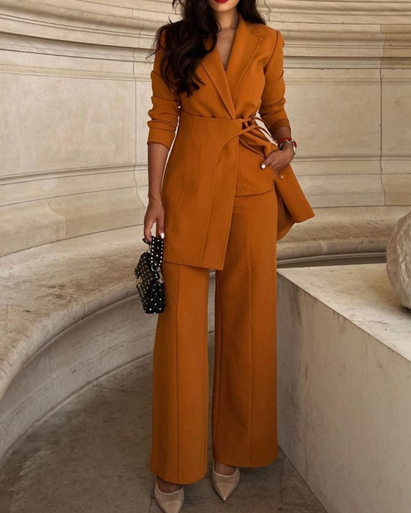 Solid color two-piece set with lapels and waist