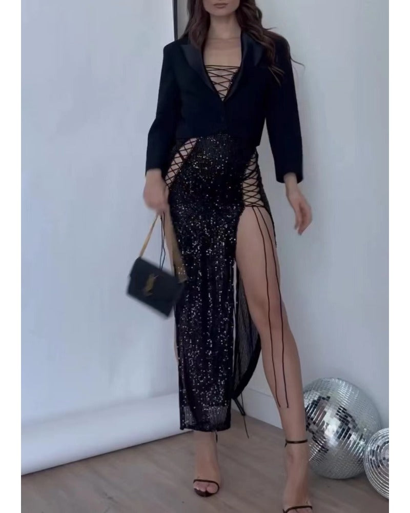 Sexy long-sleeved drawstring wispy dress