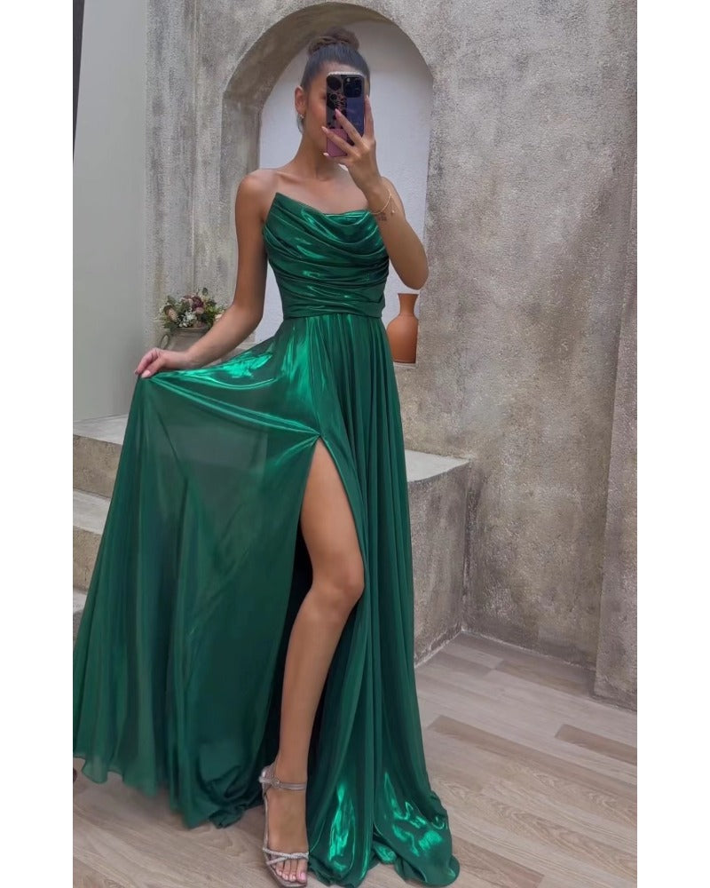 Sexy strapless pleated split dress