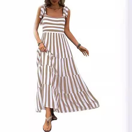 Vocational Striped Square Neck A-Line Summer Midi Sundress - Blue