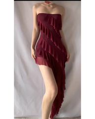 Wine Red  Slit pleated strapless dress
