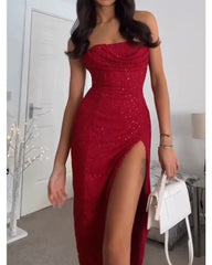 Sexy red strapless dress with slit