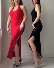 Solid color sleeveless sexy slit dress