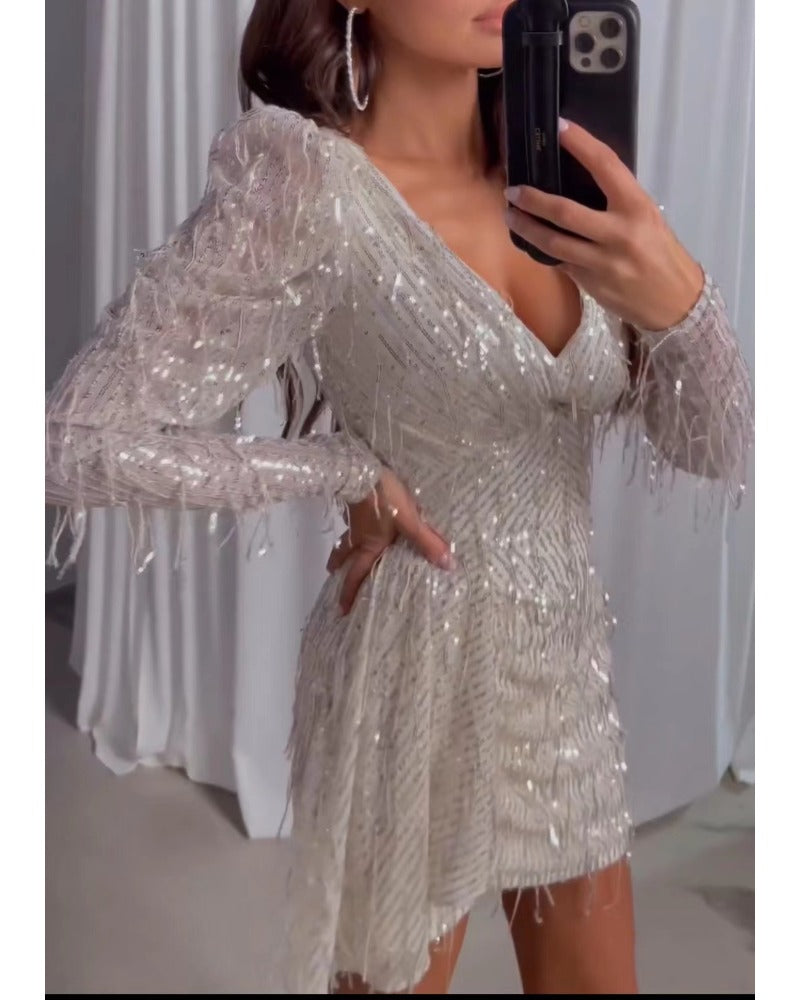 Sexy deep V feather slim-fit dress