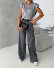 Solid Color V-neck Waistcoat Top & Casual Pants Two-piece Set